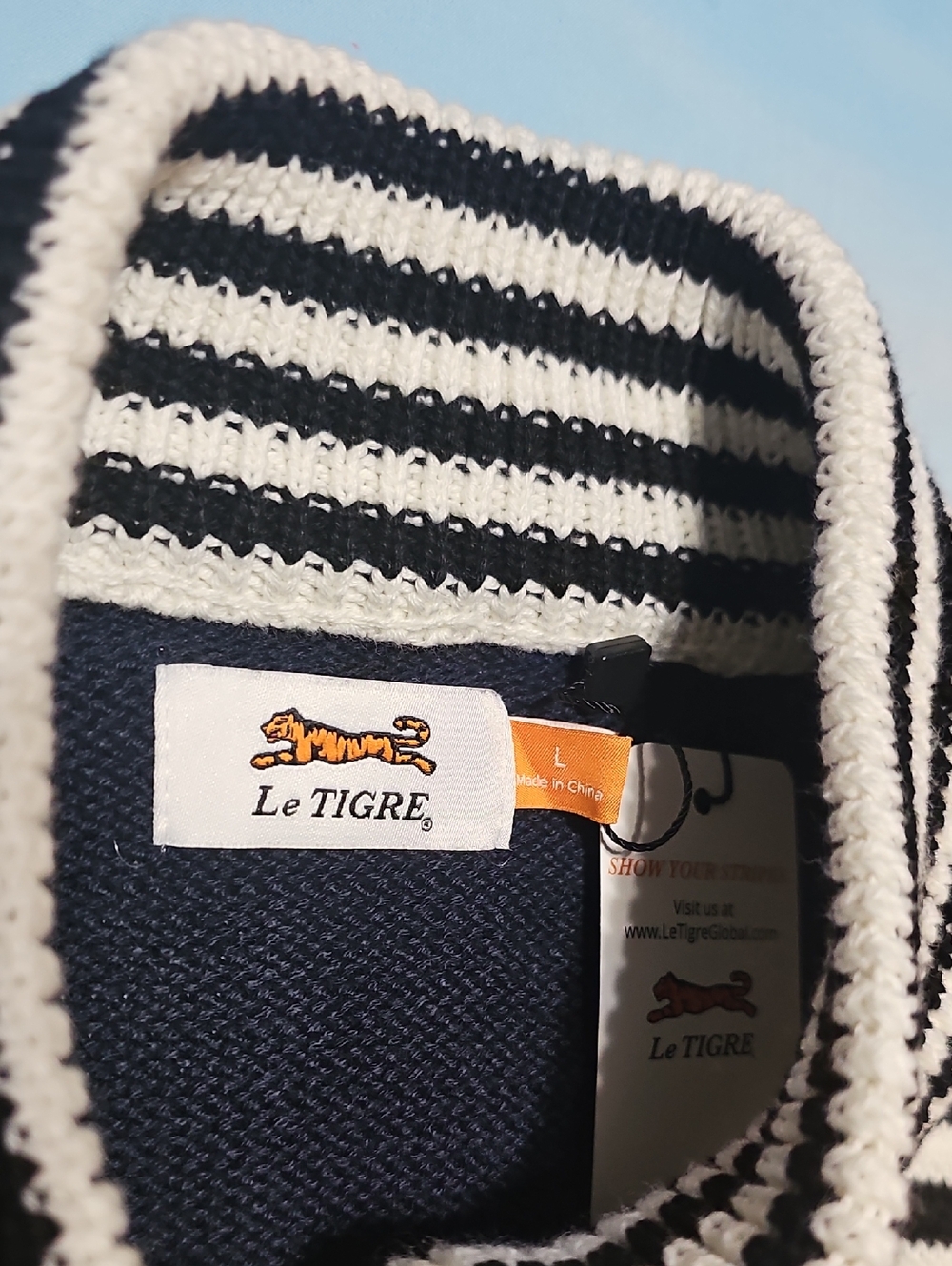 Le Tigre Navy Red and White Zip-Up Knit Sweater with Tiger Motif Large New - Picture 4 of 10